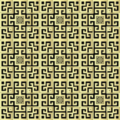 Gold plaid seamless pattern. Tartan modern vector background. Greek tibal ethnic style repeat backdrop. Luxury labyrinth maze ornament. Elegant ornate abstract design with effect. Endless texture