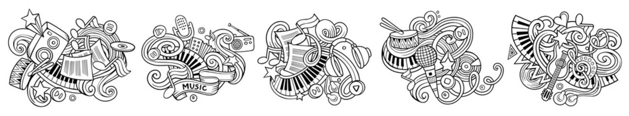 Music cartoon vector doodle designs set