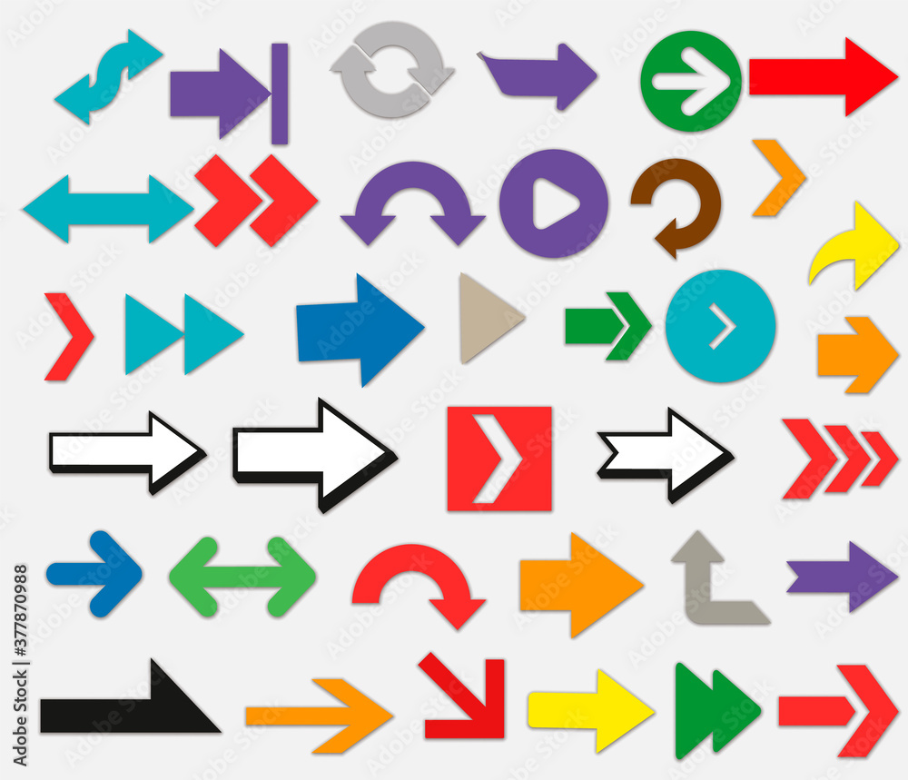 Aufkleber Arrows and direction signs. Cursor and interface navigation elements in shape of arrow. Colorful pointers isolated on white background. Direction signs for web or mobile application design.