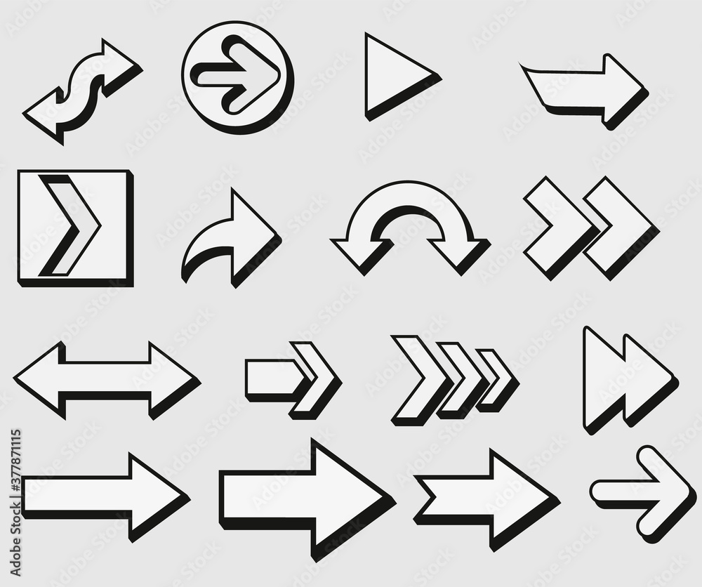 Poster Arrows set. Arrow icon collection. Set different arrows or web design. Arrow flat style isolated on white background - stock vector.