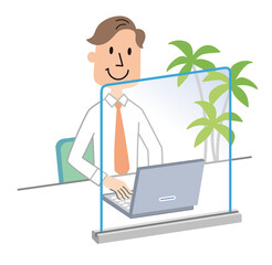 男性社員　ビジネスシーン　デスクシールド