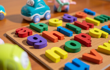  Kids vehicle toys and colorful multi color wooden alphabets