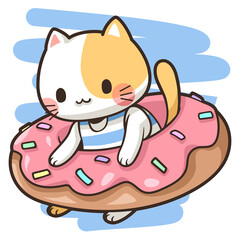 Cartoon illustration cat and donut ring. Isolated and clipart on white background. Vector cartoon character. This illustration is for decoration, sticker, logo and pattern.