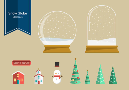 Set of snow globe elements. For Christmas, winter holidays, and new year. Flat style vector illustration.