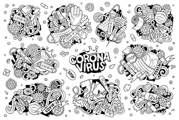 Vector doodles cartoon set of Coronavirus objects and elements