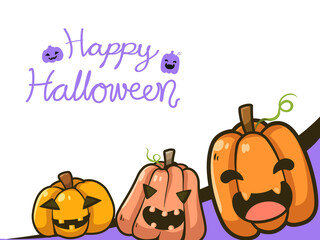 Happy halloween greeting card with cute smiley pumpkin illustration. Cute cartoon character style. Purple letter word Happy Halloween. white background. Vector illustration.