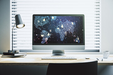 Modern computer monitor with social network icons concept with world map. Marketing and promotion concept. 3D Rendering