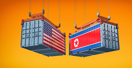 Freight containers with USA and North Korea flag. 3D Rendering 