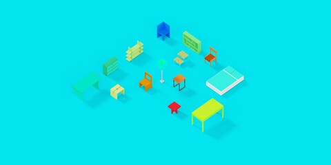 Set furniture isometric in modern style. Isolated illustration. Home decoration. Furniture illustration set. Interior 3D icons. Floor lamp.