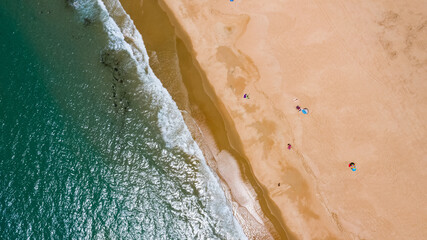 People on the beach of El Palmar. Aerial photography of sand beach in south Spain, Cadiz