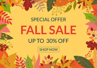 Autumn sale banner or poster. Fall season background design with leaves frame or border. Price off template for discount card, fashion, promo or promotion, flyer with colorful foliage. Vector.