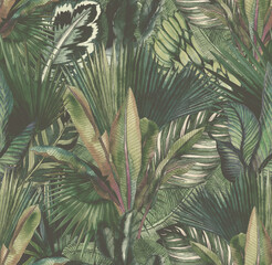 Tropical leaves hand-drawn by watercolor. Seamless tropical pattern. Stock illustration