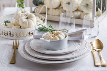 Place setting for Thanksgiving with small white pumkin and rosemary in white
