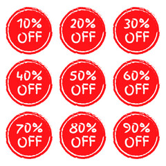 Sale sticker or icon set. 10,20,30,40,50,60,70,80,90 percent price off discount label or tag with grunge texture. Hand drawn promo badge for advertising design. Vector illustration.