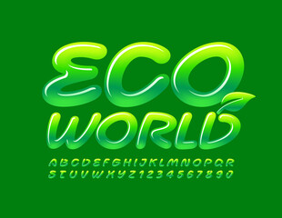 Vector poster Eco World with Leaf. Green glossy Font. Handwritten Alphabet Letters and Numbers set