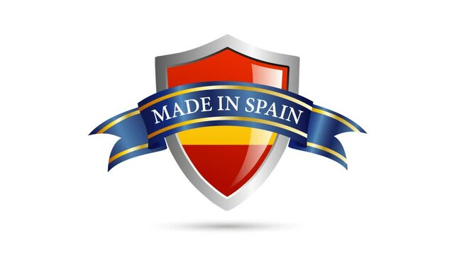 Made in Spain shield with flag and ribbon with text. 2D animation. Clip footage 4k for Gif