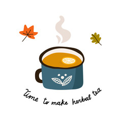 A mug of hot tea with lemon and hand drawn decorative lettering. Autumn tea time. Simple cartoon flat style. Isolated vector illustration for holiday greetings, invitations, card, poster, tag.