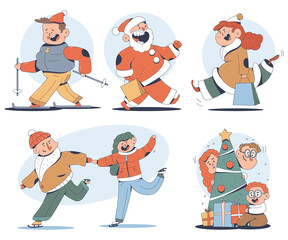 Cute Christmas people vector cartoon characters in different actions isolated on a white background.