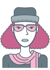 Girl with hat and scarf. Stylized avatar of an attractive young girl, colored with gray and pink tones.