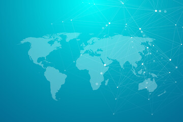 Global network connections with world map. Internet connection background. Abstract connection structure. Polygonal space background, illustration.