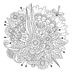 Coloring square page with flowers and dragonfly. Black-white background. Vector floral illustration for coloring. Pattern for embroidery, tattoo, design.