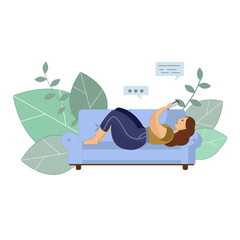 An illustration of a woman laying on a blue sofa with her smartphone. Green leaves on the background. Curvy lady relaxing home. Body positive.