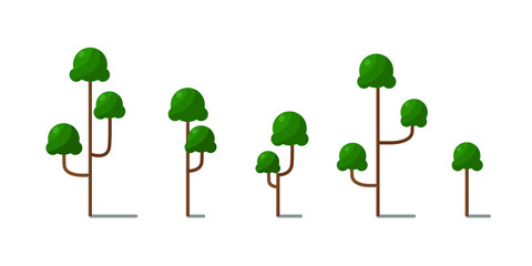 A set of stylized green trees. Flat style forest. Isolated. Game design background.
