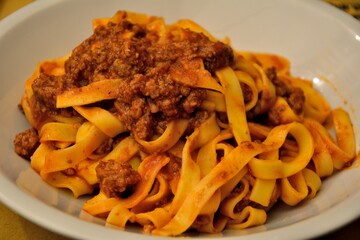 Tagliatelle al ragu Bolognese as served in Bologna, Italy