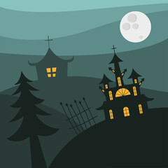 Halloween houses with gate and pine tree at night vector design