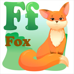 Letter F, a cute red fox on a forest background drawn in cartoon style. Children's English alphabet. Vector illustration isolated on white 