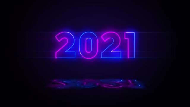 2021 Happy New Year Realistic Neon Bright Glowing Animation on Black Background. Abstract Shiny Light Celebration Motion Graphics Design.