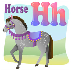 Letter H, cute gray horse with saddle, pony drawn in cartoon style. Children's English alphabet. Vector illustration isolated on white background