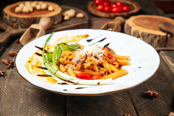 Penne arrabiata with green onion in white plate