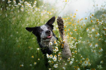 dog in a field of daisies. Border collie in nature.