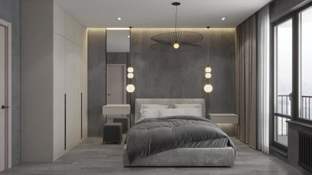 3D-Illustration. Camera fly through the bedroom in a modern style