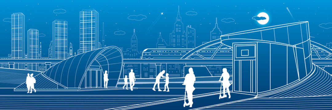 Outline city life illustration panorama. Evening town urban scene. People walking. Train rides. Modern architecture. White lines on blue background. Vector design art