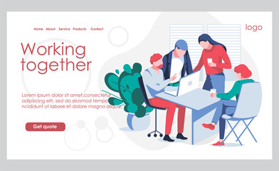 Obraz na płótnie Canvas Working together landing page template. Business team working on project together. Team building, teamwork, cooperation or partnership concept flat vector illustration