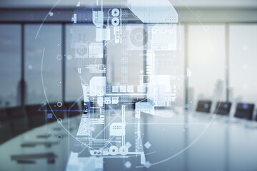 Double exposure of creative artificial Intelligence hologram on a modern meeting room background. Neural networks and machine learning concept