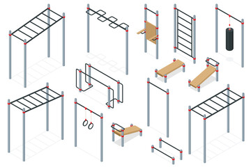 Isometric outdoor exercise equipment, outdoor sports ground. Element and equipment for urban outdoor training.