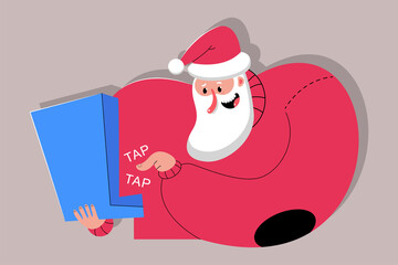 Cute Santa Claus with laptop vector cartoon character isolated on background.