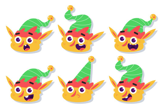Christmas Elf face with different emotions vector cartoon set isolated on a white background.