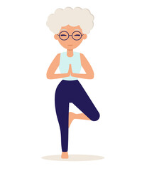 Senior woman doing yoga. Yoga practice. Vector illustration in flat style. Old woman goes in for sports.