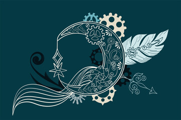 Steampunk composition in blue, grey color. Vector linear drawing with moon, gear, arrow, feather. Modern industrial template for stationery, banner, advertising page. Collage in style steampunk