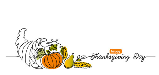 Thanksgiving Day line art background with horn of plenty, cornucopia and vegetables. Simple vector web banner. One continuous line drawing with lettering happy Thanksgiving Day. - obrazy, fototapety, plakaty