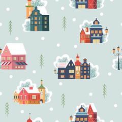 Seamless pattern. Snowy day in cozy christmas town. Winter christmas village day landscape. Vector illustration.