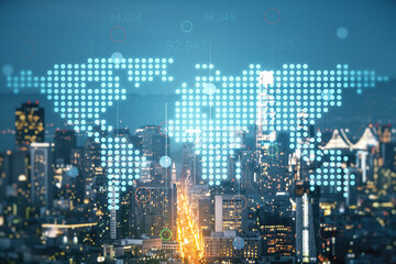 Abstract creative world map interface on San Francisco skyline background, international trading concept. Multiexposure