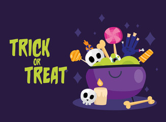 Trick or treat candies inside witch bowl vector design