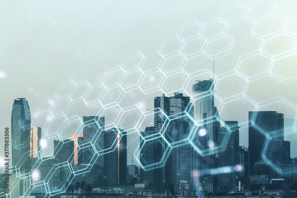 Poster double exposure of abstract virtual technology hologram with hexagon on los angeles city skyscrapers