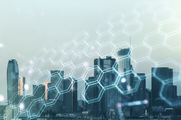 Double exposure of abstract virtual technology hologram with hexagon on Los Angeles city...
