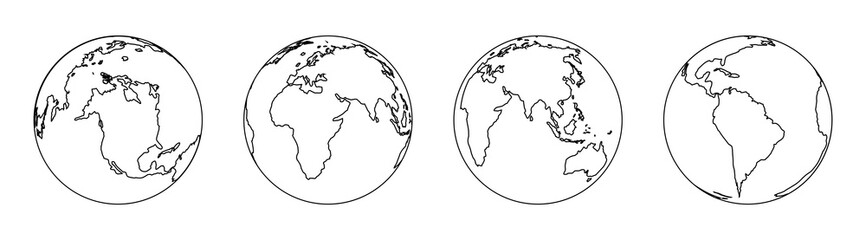 World in line style. Outline earth icons. Simple globes with countries. Black planet on white background. Silhouette of maps for travel. Continents linear. Graphic templates. Art geography. Vector